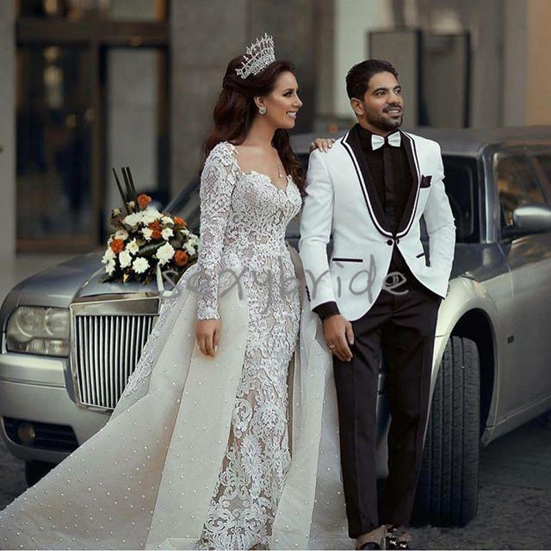 Luxury Full Lace Mermaid Wedding Dresses Vintage Overskirts Pearls Beading Long Sleeve Bridal Gowns 2021 Appliqued Arabic Dubai Vestidos