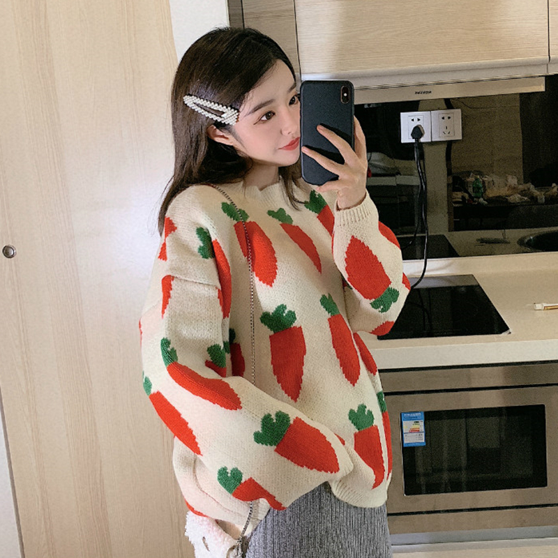 Women's Cozy Carrot Print Sweater Cute Cartoon Crew Neck Long Sleeve Oversized Pullover Jumper Fall Winter Knit Tops / 201221