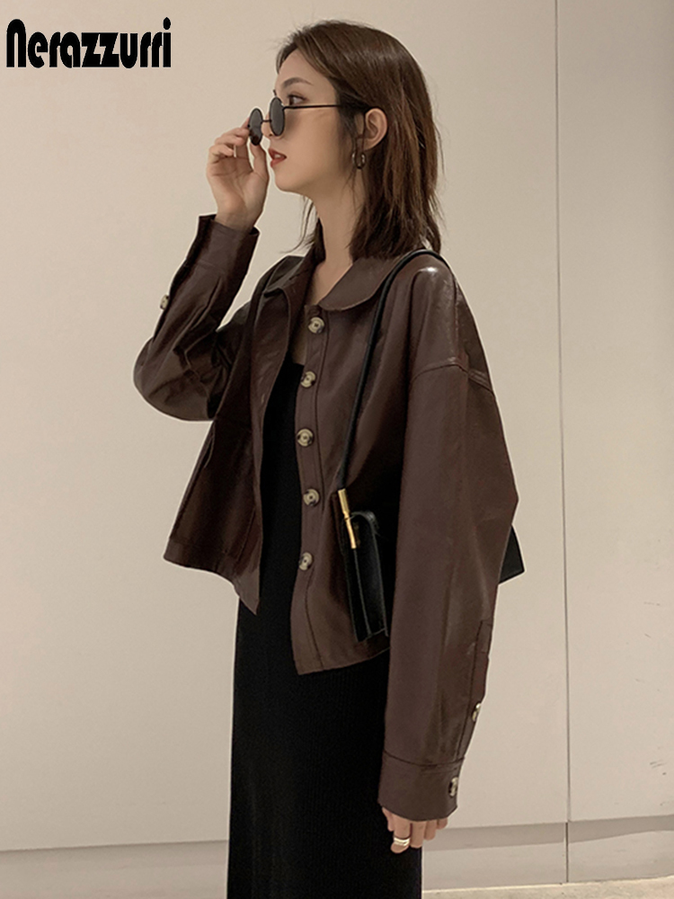 Nerazzurri Short brown leather jacket women long sleeve drop shoulder Plus size faux leather jackets for women Spring shirt 201020