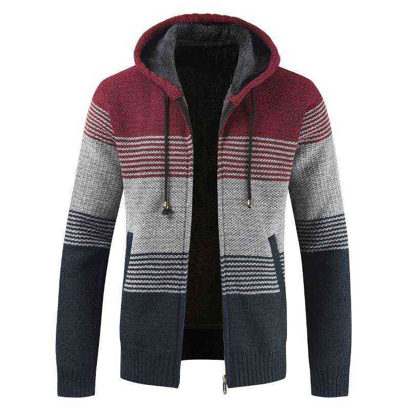 FALIZA Men's Sweater Coat Autumn Winter Thick Warm Hooded Stripe Wool Sweaters Cardigan Jumpers Zipper Fleece Coat Men XY103 220108
