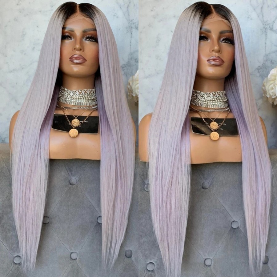 Long middle part ombre grey brazilian full Lace Wig Pre Plucked 13x4 Frontal synthetic Wig for women can be braided