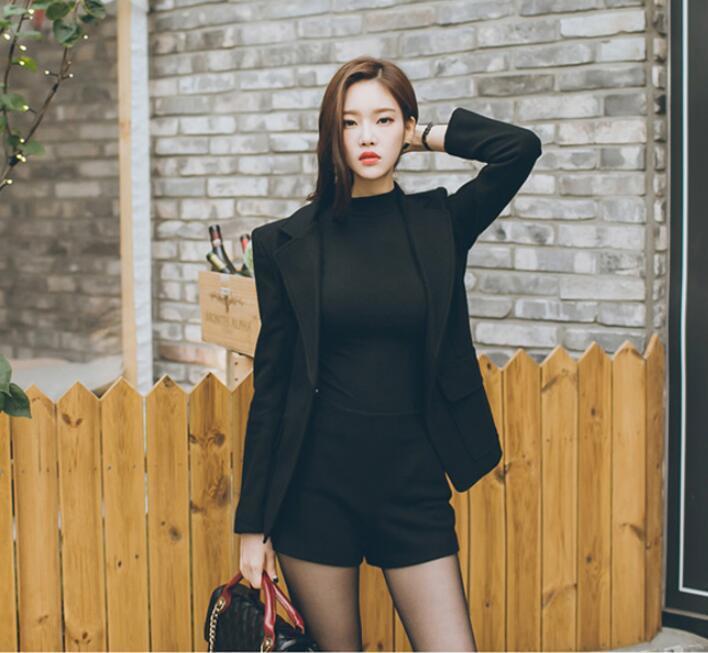 Elegant OL Shorts Suit Women Woolen Solid Turn-down collar Jacket Blazer With Belt + High Waist Shorts Suits Female 2 Piece Sets T200325
