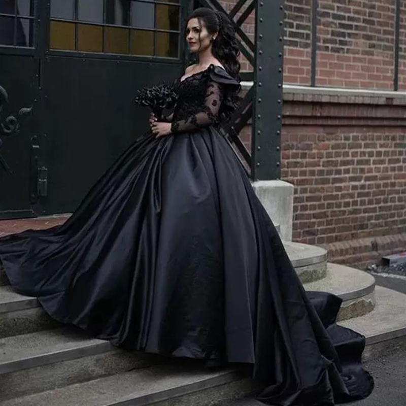 Vintage Gothic Black Wedding Dresses Ball Gown One Shoulder Long Sleeve Appliques Satin Dubai Arabic Bridal Wedding Gowns Court Train Country Garden V