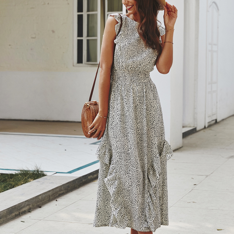 Summer Elegant Sexy Wave point beach Ruffles midi Dress Women Fashion Print dot Ladies boho Vacation dress women vestidos T200604
