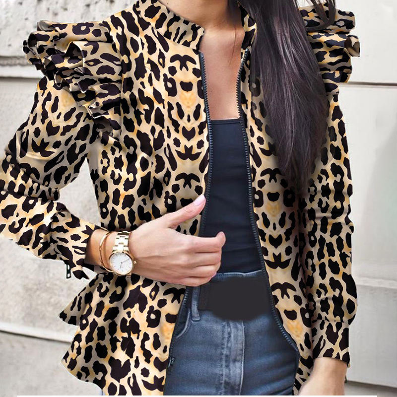 Autumn Camouflage Print Ruffled Jackets Women Slim O-neck Ruffles Elegant Jacket Female Winter Fashion Casual Ladies Coats 201007