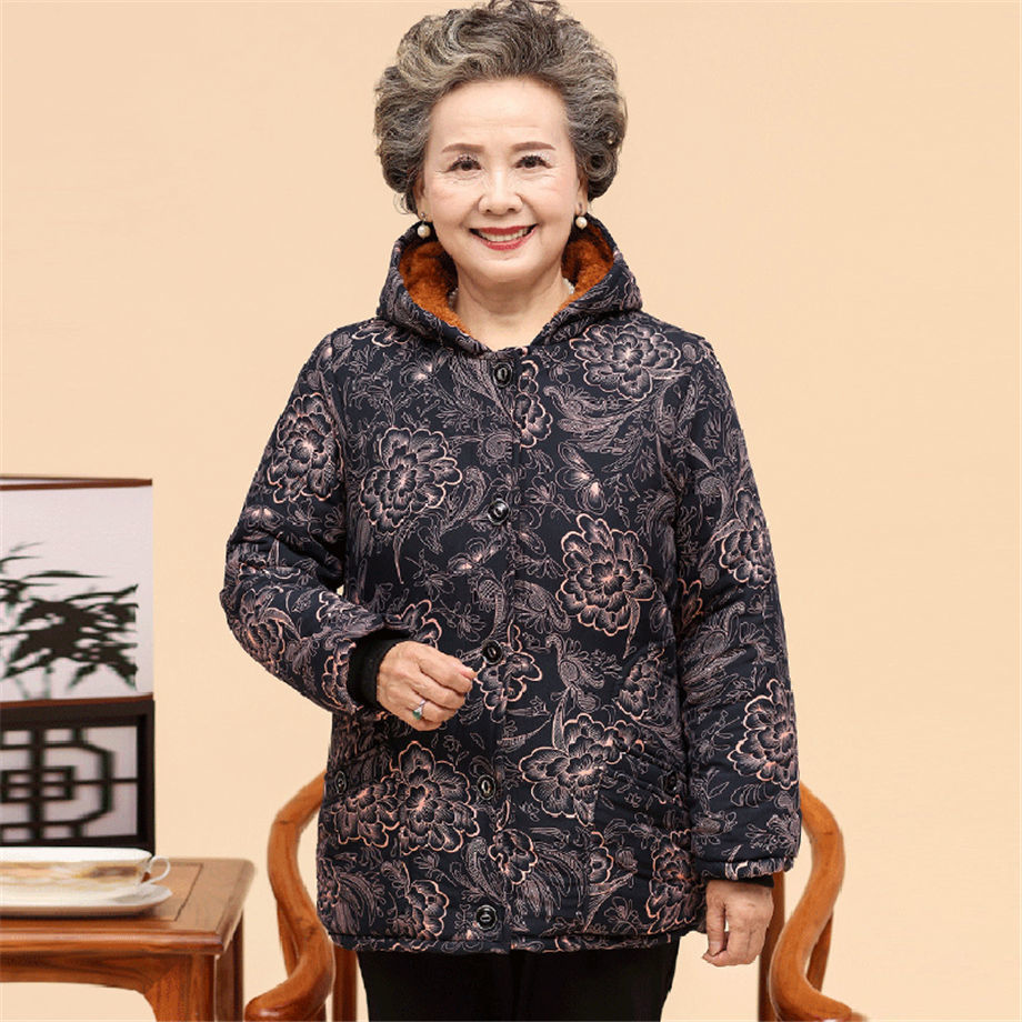 Casual Prints Long Sleeve Hooded Jackets For Elderly Women Winter Warm Cotton Padded Coats Plue Size Ladies Outerwear Parkas 201017
