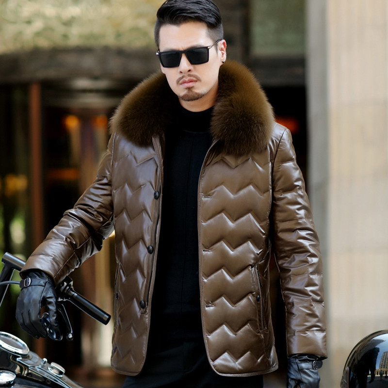 Winter Jacket Mens Leather Jacket fo Fur Collar Business Solid duck down Mens Faux Fur Coats Plus Size M-4XL 201128