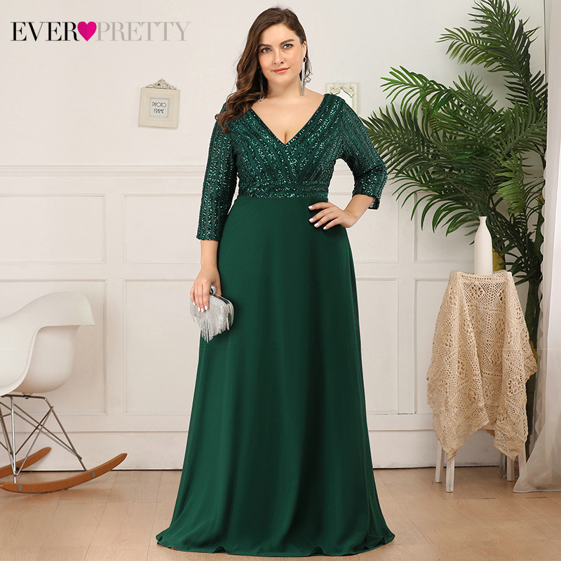 Plus Size Dark Green Evening Dresses Ever Pretty Double V-Neck 3/4 Sleeve Sequined Tulle Elegant Party Gowns Robe De Soiree 201114