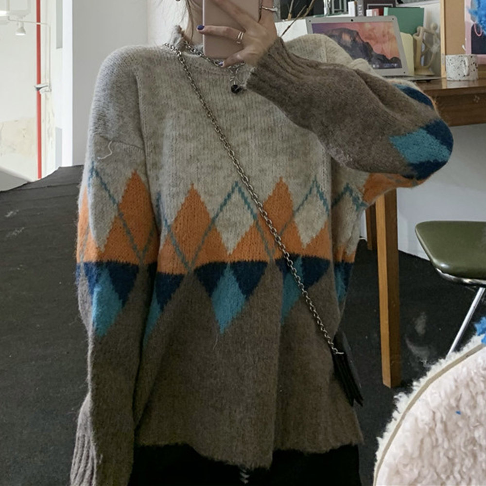 2021 New Korean Version Autumn Winter Fashion Retro Diamond Lattice Loose Lazy Round Neck Long Sleeve Knitted Sweater 3BAB, Gray
2021 New Korean Version Autumn Winter Fashion Retro Diamond Lattice Loose Lazy Round Neck Long Sleeve Knitted Sweater 3BAB, Gray