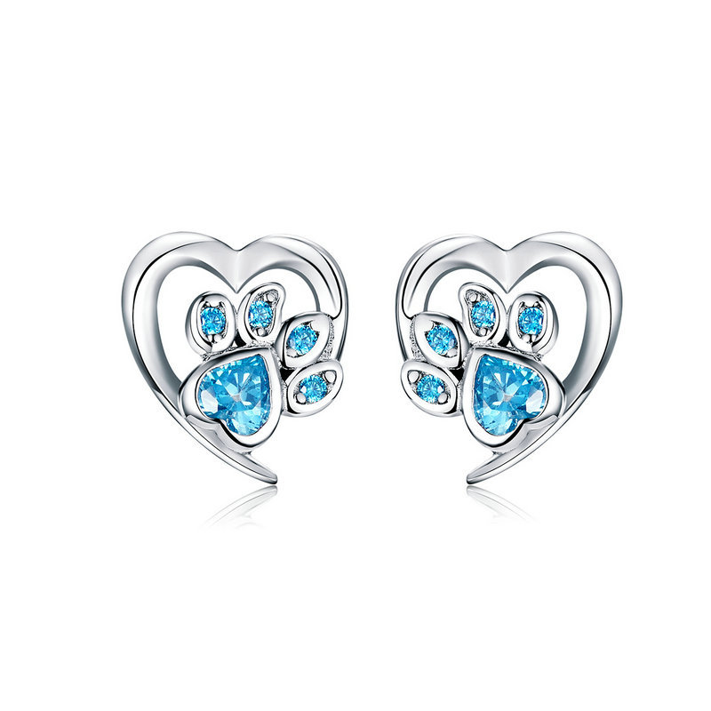 Blue Crystal Pet Paw Stud Earrings for Girl Heart Shape CZ Footprint Ear Studs Jewelry Women Design Bijoux SCE6543215508