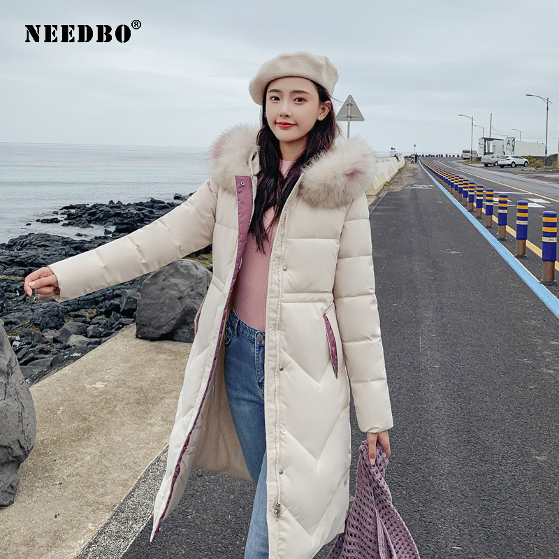 NEEDBO Winter Jacket Women Fur Collar Long Parka Casual Slim Woman Winter Coats and Puffer Jacket Padded Outwear Long Coat Women 201017