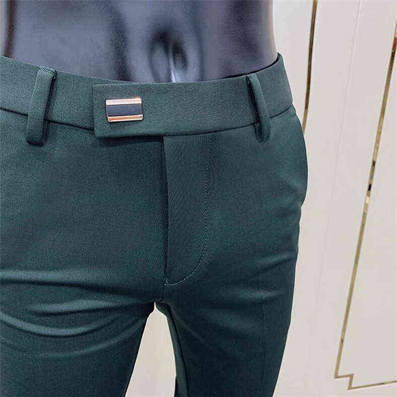 2020 New Mens Social Pants Fashion Slim Button Suit Pant Men Green Pants Street Clothing Men Business Slim Dress Solid Suit Pant X220214