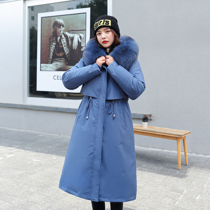 Slim Solid Long Hooded Down Parka Coat Winter Jacket Women Fashion Fur Collar Coat Removable Plush Liner Chic Coat 201027