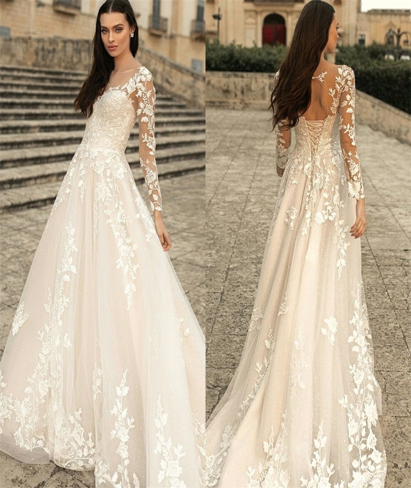 Gorgeous A Line Wedding Dresses Bohemia Long Sleeves Beach Bridal Gown Boho Chic Up Custom Made Appliqued Lace Vestidos De Novia