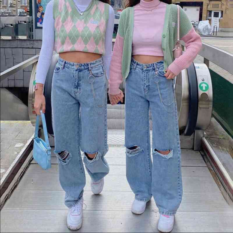 dewadbow high waist womens denim pants button high waist pocket with chain jeans loose destroyed hole mom vintage slim, Blue
dewadbow high waist womens denim pants button high waist pocket with chain jeans loose destroyed hole mom vintage slim, Blue