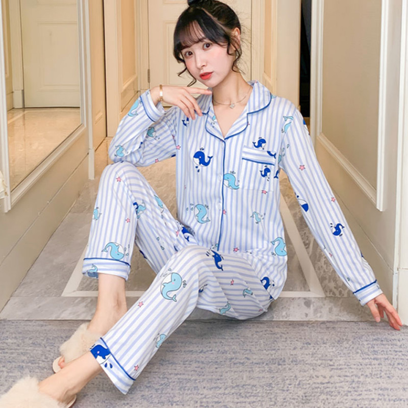 Spring Print Womens Home Wear Pink Long Sleeve Pocket Sweet Pajamas Sets Female Sleepwear Autumn Casual Ladies Home Clothes 201031