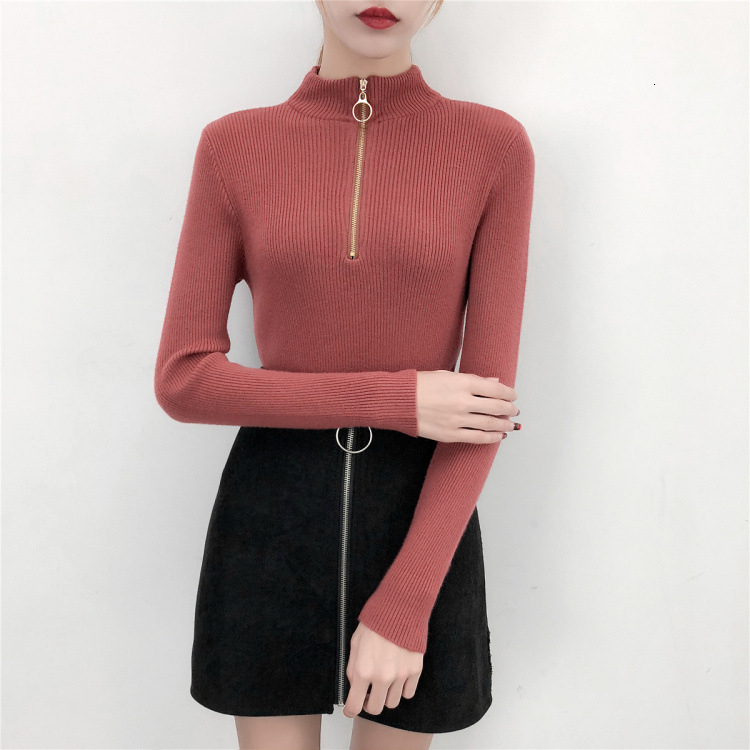 Women Sweaters Autumn Winter Half High Collar Circular Zipper Slim Pullover Solid Color Slim Knitting Jumper Big Size Pull Femme 201225
