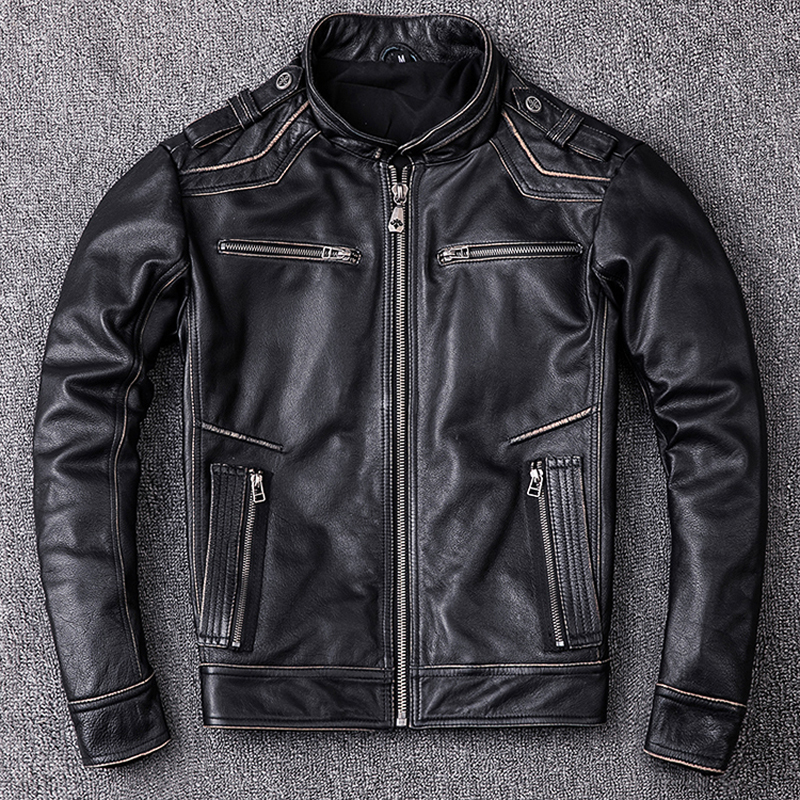 MAPLESTEED Distressed Leather Jacket Men Vintage Motorcycle 100 Natural Calf Skin Mens Motor Jackets Biker Coat M202 201114