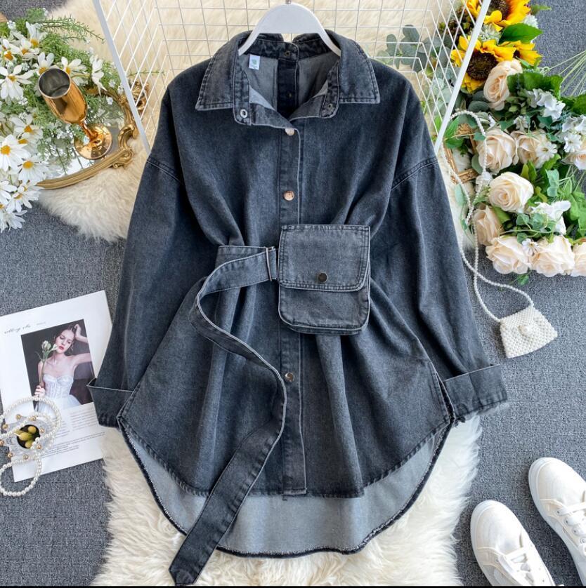 Denim Shirt Women's Backless Lace-up Waist Bag Fashion Jeans Blouse Coat Ladies Streetwear Jean Blusa Femme Spring and Autumn T200321