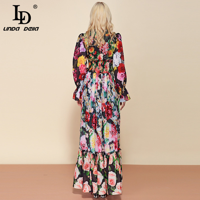LD LINDA DELLA Fashion Runway Autumn Long Sleeve Maxi Dress Women's elastic Waist Floral Print Elegant Party Holiday Long Dress LJ200914