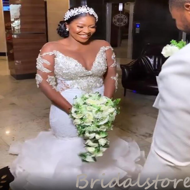 Aso Ebi Mermaid Plus Size Wedding Dress 2022 With Rhinestone Crystal Long Sleeve Garden Country Wedding Gowns Bottom Organza Ruffles Elegant Church Ni