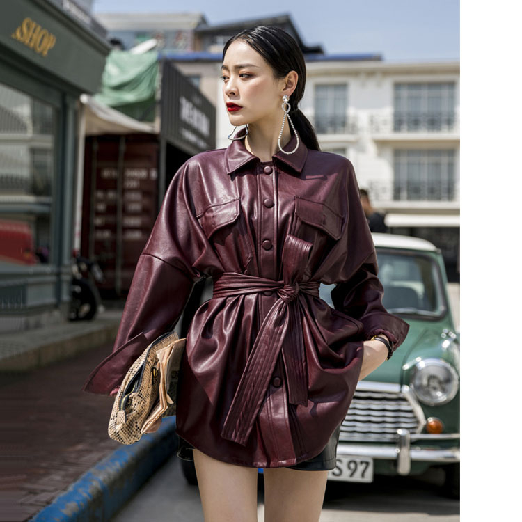 Unua amo PU Leather Sashes Jacket Women Black Punk Coat 2020 Loose Fit Elegant Fashion High Quality Faux Leather Jackets T200814