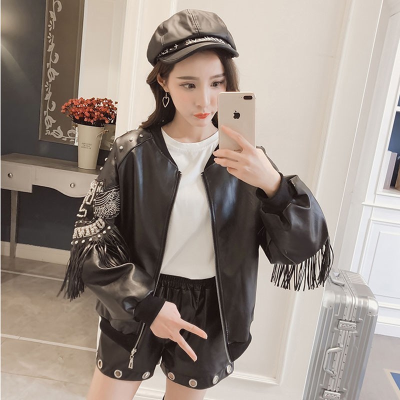 Spring Autumn Tassel Rivet Short Biker Soft Pu Leather Jacket Women Print Long Sleeve streetwear Zippers Female Coats PY31 201020