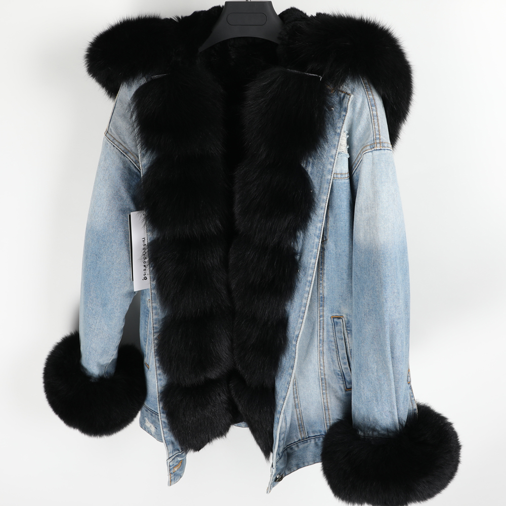 Winter Women Natural fur big fur collar Coat Denim loose fashion Fur detachable Rabbit lining Parka Leather Jacket 201127