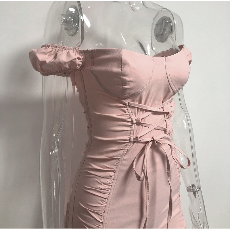 Off-Shoulder Puff Sleeve Sexy Party Dress | Bodycon Ruched Mini Lace-Up Summer Pink Collection T200320 B4