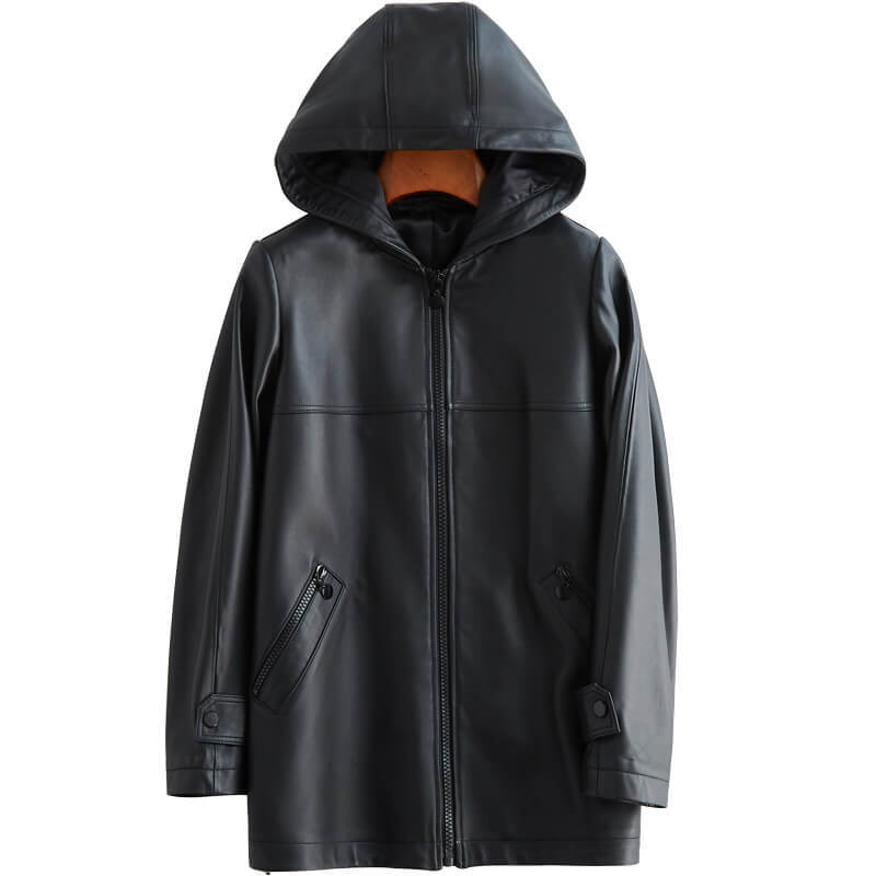 Nerazzurri black faux leather jacket women with hood long sleeve zippers pu leather coat for women women's leather jacket 4xl 201226