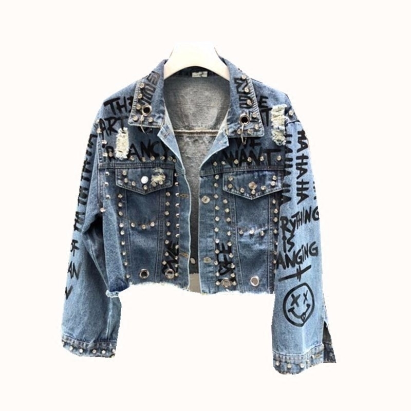 Diamonds Rivet Graffiti Print Cropped Denim Jacket Punk Short Jackets Holes Jea…