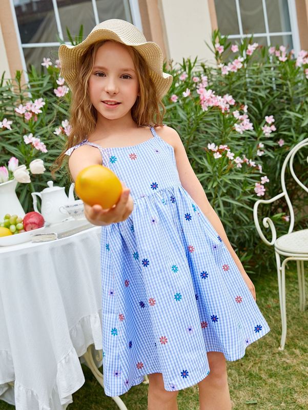 Girls Gingham & Floral Print Tie Shoulder Cami Dress SHE