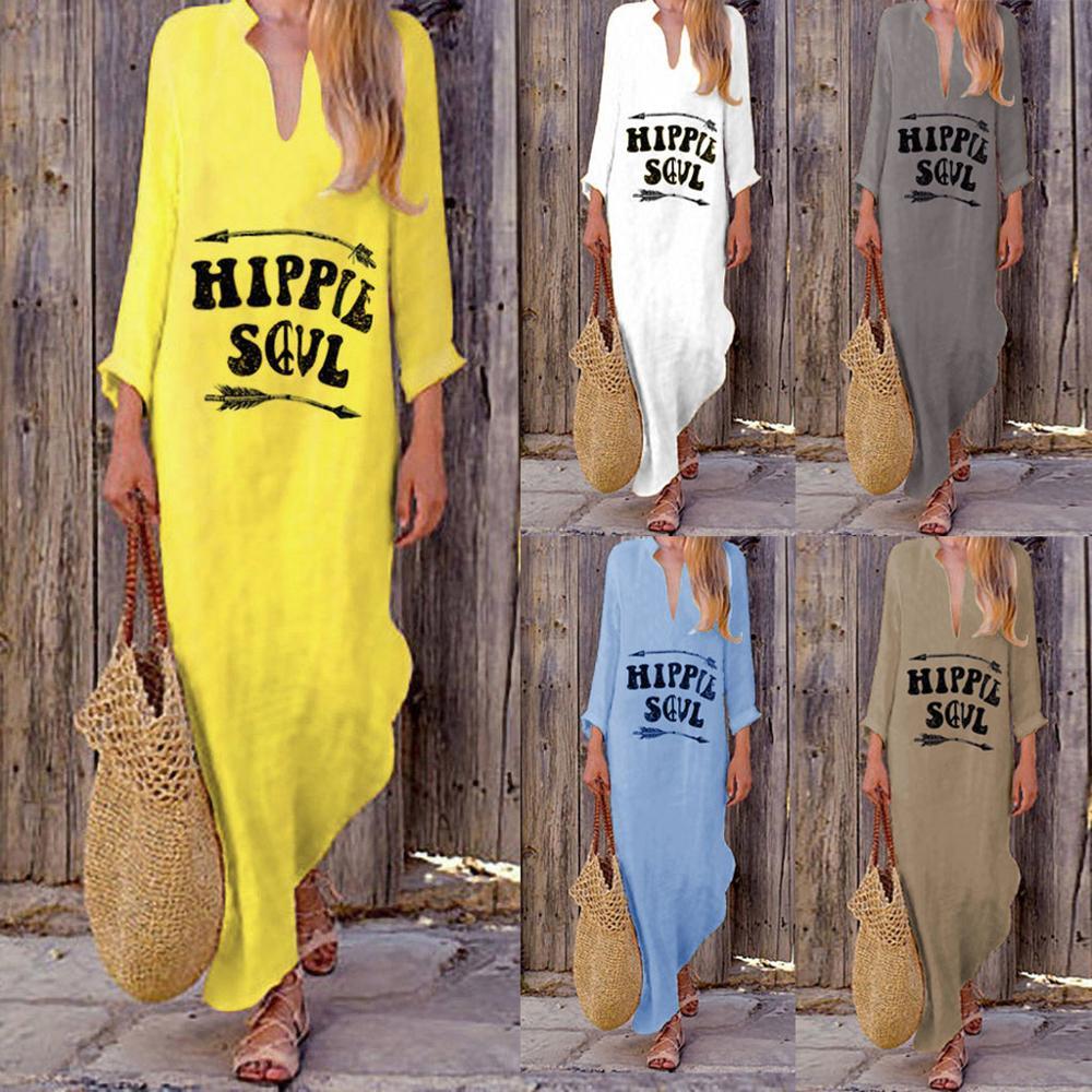 Printed Full Sleeve V-neck Long Dress Autumn Baggy Kaftan Casual Loose Dresses Women Fashion Streetwear Dress Vestidos 200928