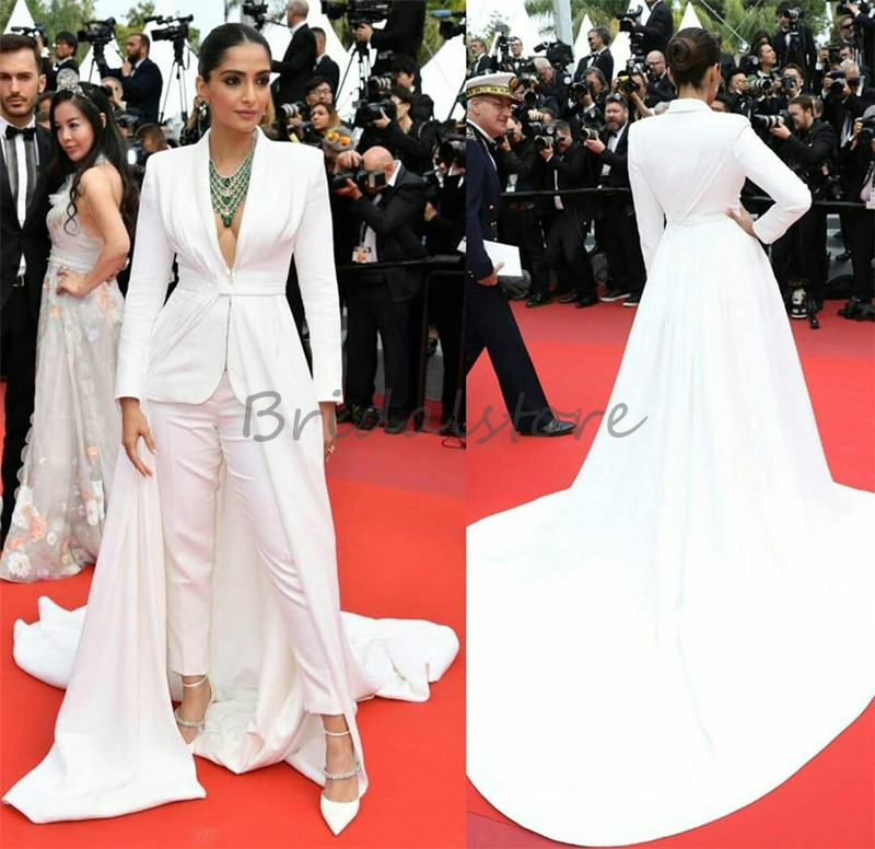 Simple White Jumpsuit Evening Dresses With Overskrit Train Sexy Deep V Neck Long Sleeve Prom Dresses 2021 Cheap Red Carpet Celebrity Dress