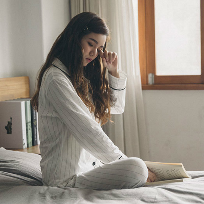 QWEEK Cotton Pajamas for Women Long Sleeve Night Suit Cardigan Pijama Stripes Sleepwear Pyjama Nightwear Dropshipping 201106