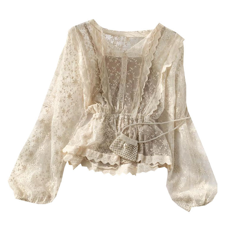 autumn lace blouse shirt ladies French retro lantern sleeves lotus leaf lace shirts T200608