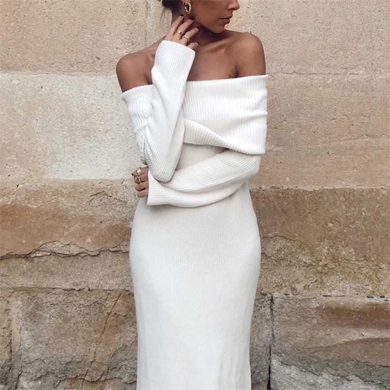 ZXQJ Vintage Women Elegant Off The Shouder Bomb Knitted Long Dresses Spring Fashion Ladies Slim Chic Dress Female Stylish 211221