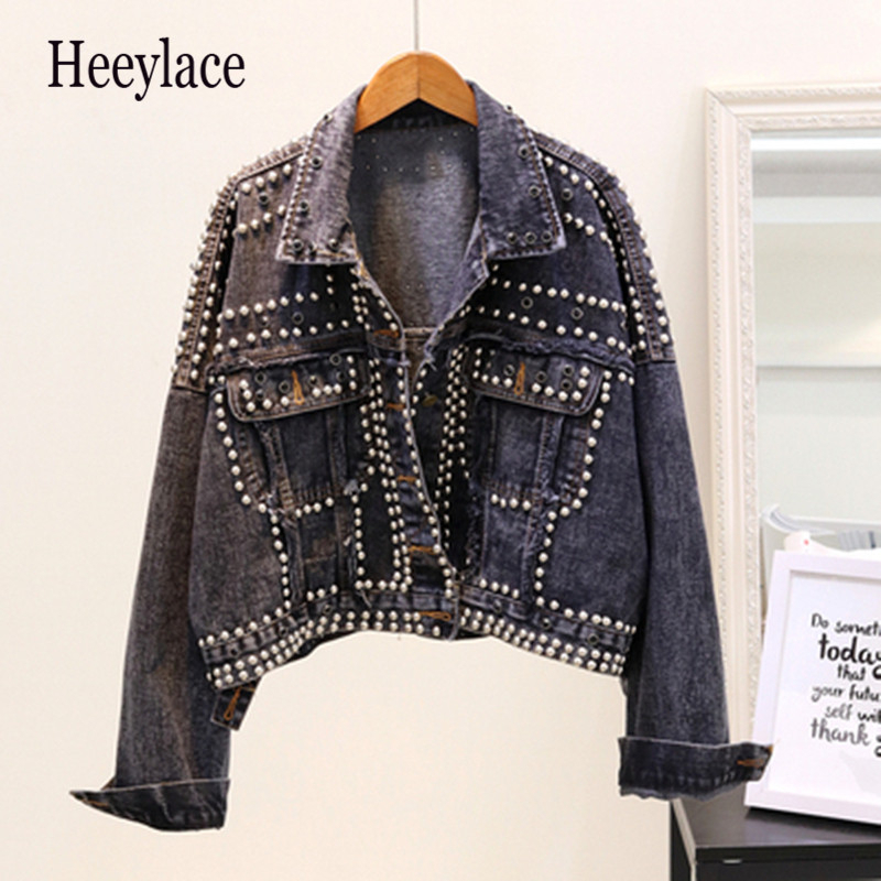 Jacket Women Autumn Hand Rivet Studded Denim Jacket Loose Outwear Female New Students Casual Short Jeans Coats 201106