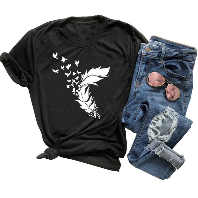 2020 Women casual Harajuku fashion t-shirt feather print loose o-neck short sleeve elastic stretched summer home new Tee Shirt