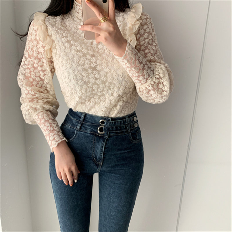 Apricot Lace Delicate Turtleneck Floral Chic Basic Blouses All Match Elegant Casual Office Lady Loose Shirts 201027