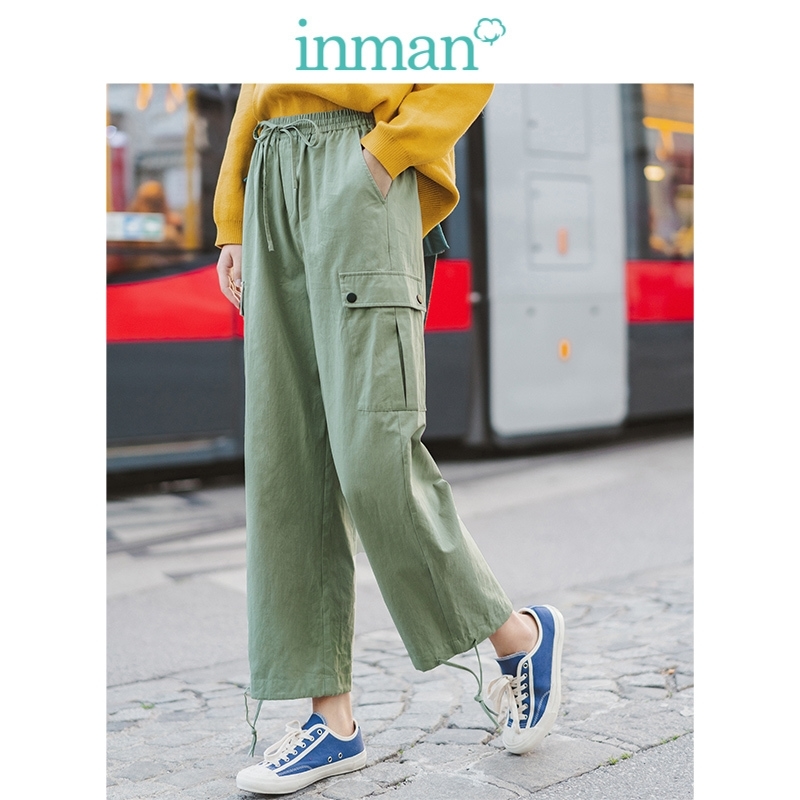 INMAN Spring Autumn 100%Cotton Solid Elastic Waist Pocket Fashion Cool Women Cargo Pants 201111
