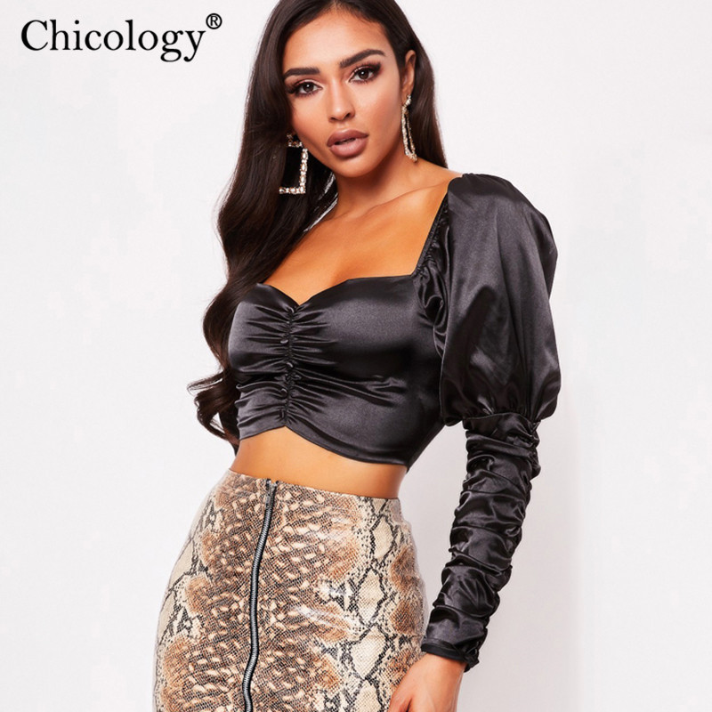 Chicology office lady blouse puff long sleeve women crop top 2019 autumn winter female elegant sexy party casual clothes T200321