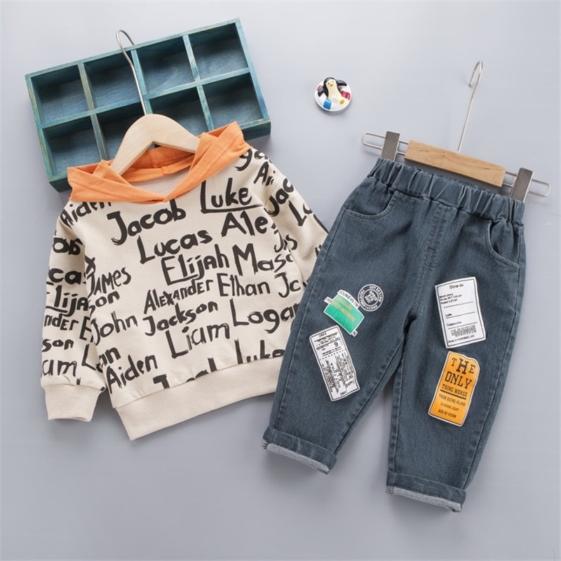 Children Fashion Clothes Suit Spring Kids Boy Girl Letter Hoodies jeans 2Pcs/sets Baby Toddler Clothing Infant Sportswear sets 201127