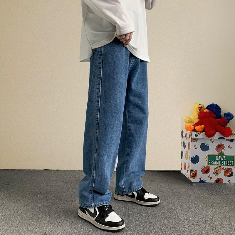 Mens Jeans Autumn Streetwear Baggy Korean Fashion Loose Straight Wide Leg Pants Male Brand Clothing Black Light Blue