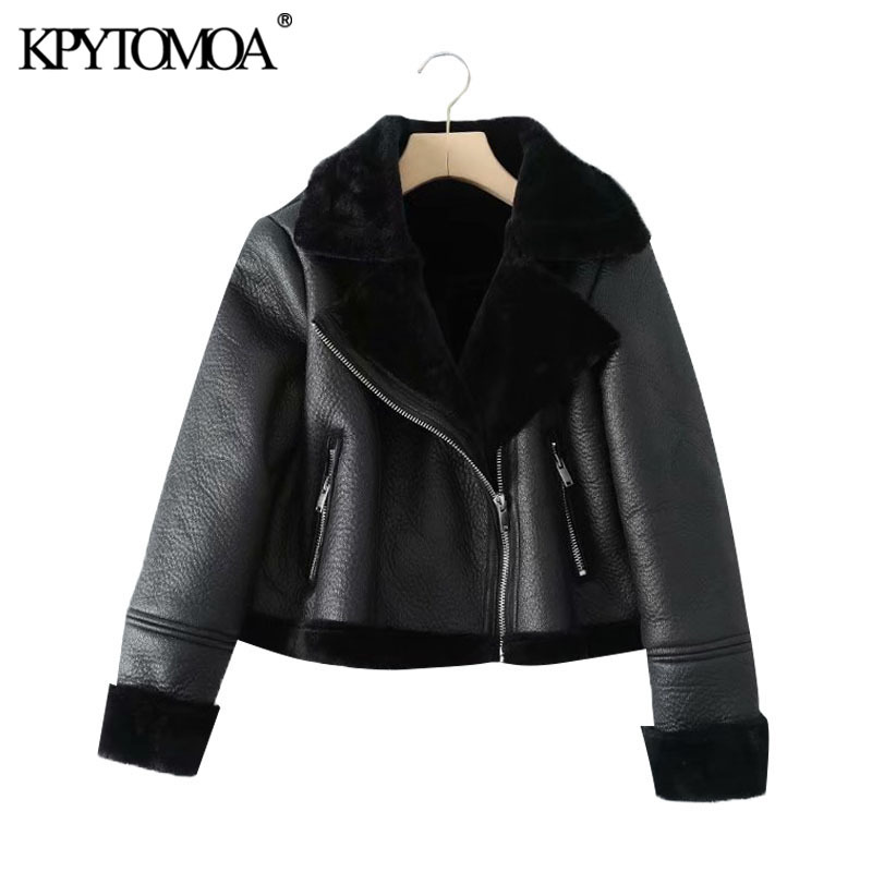 KPYTOMOA Women Fashion Thick Warm Winter Fur Faux Leather Cropped Jacket Coat Vintage Long Sleeve Female Outerwear Chic Tops