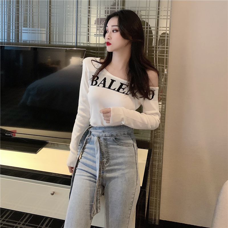 Women's Spring Autumn Knit Sweater Slim Fit Full Letter Knit Tops Sexy Slash Neck Off-Shoulder Bottoming Pullover Sweater ML721 201023