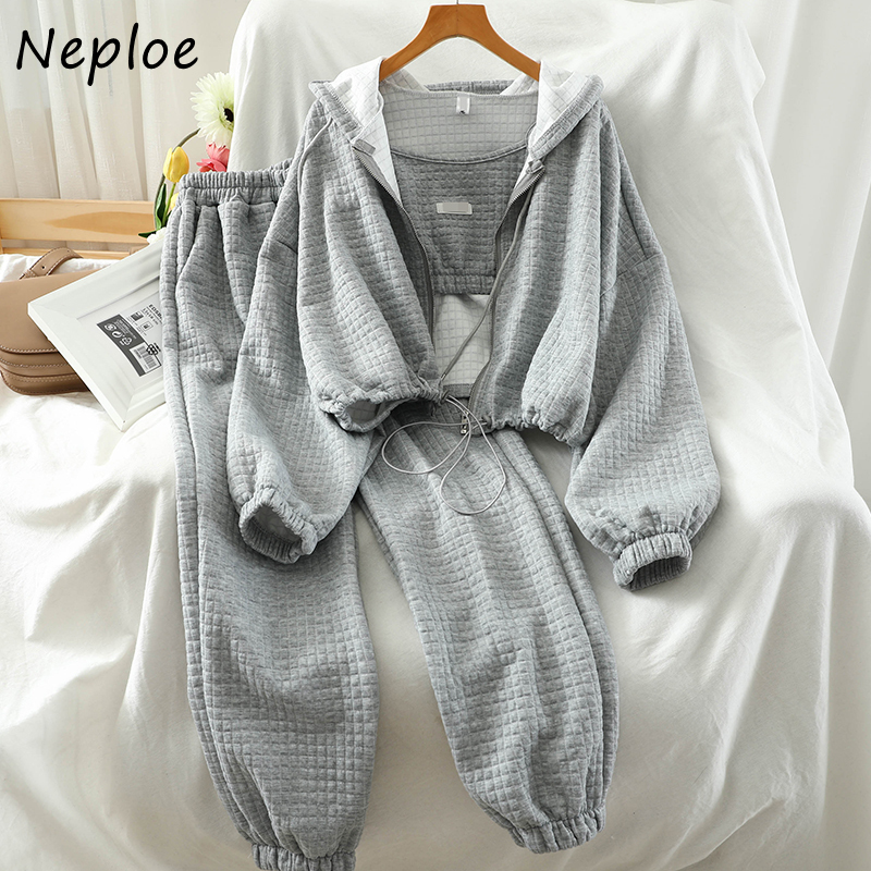Neploe 3 Piece Set Solid Color Zip Hooded Drawstring Sweatshirts + Sexy Camis + Stretch Waist Casual Pants Fashion Suit 201119