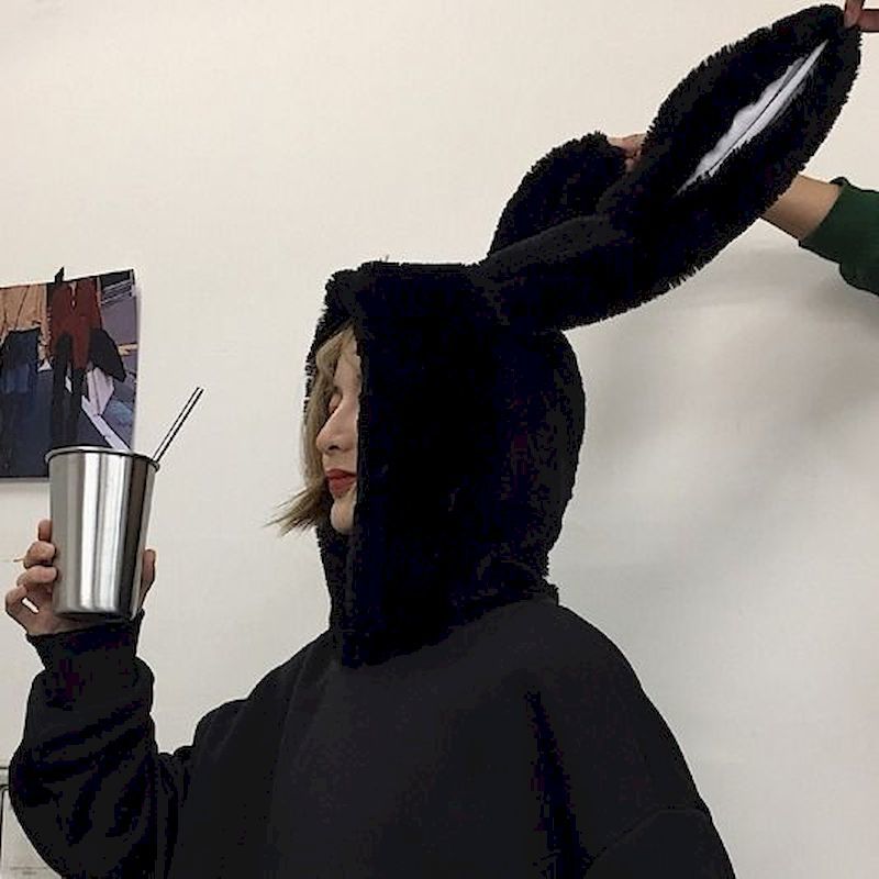 Oversize Balck Long Hoodies Women Sweatshirt Clothes Gothic Streetwear Loose Harajuku Hooded Rabbit Ear Hooded Pullovers 201007