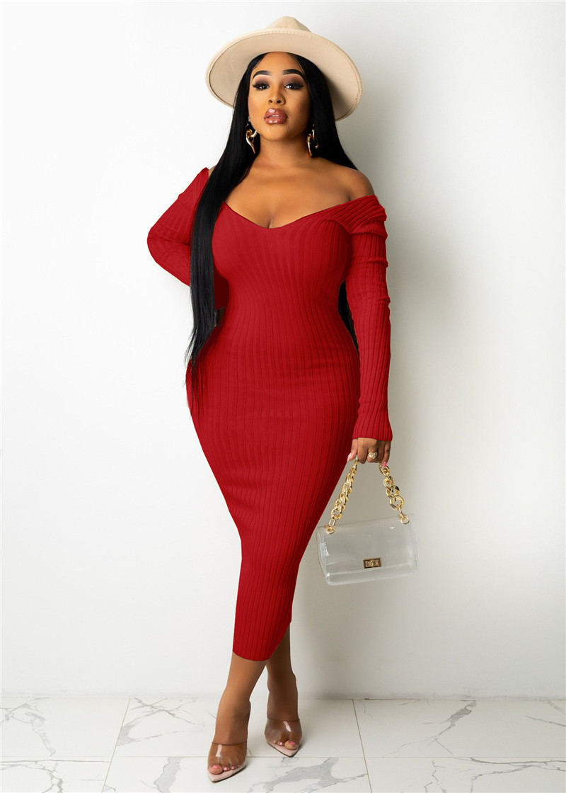 Fall Winter Knitted Ribbed Dresses Women Long Sleeve V Neck Bodycon dress Autumn Midi Skirts Sexy Hip package Wear skirt Solid Party Club