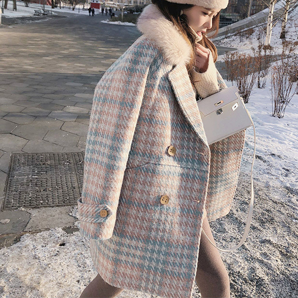 Autumn Winter Clothing Women Plaid Coat Fashion Long Woolen Coat Loose Wool Blends Women Jackets Outerwear Elegant Overcoat 201102